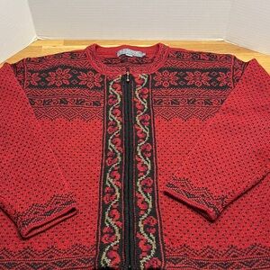 1998 Icelandic Design Red & Black Zip Front Wool Cardigan Sweater Women’s Large